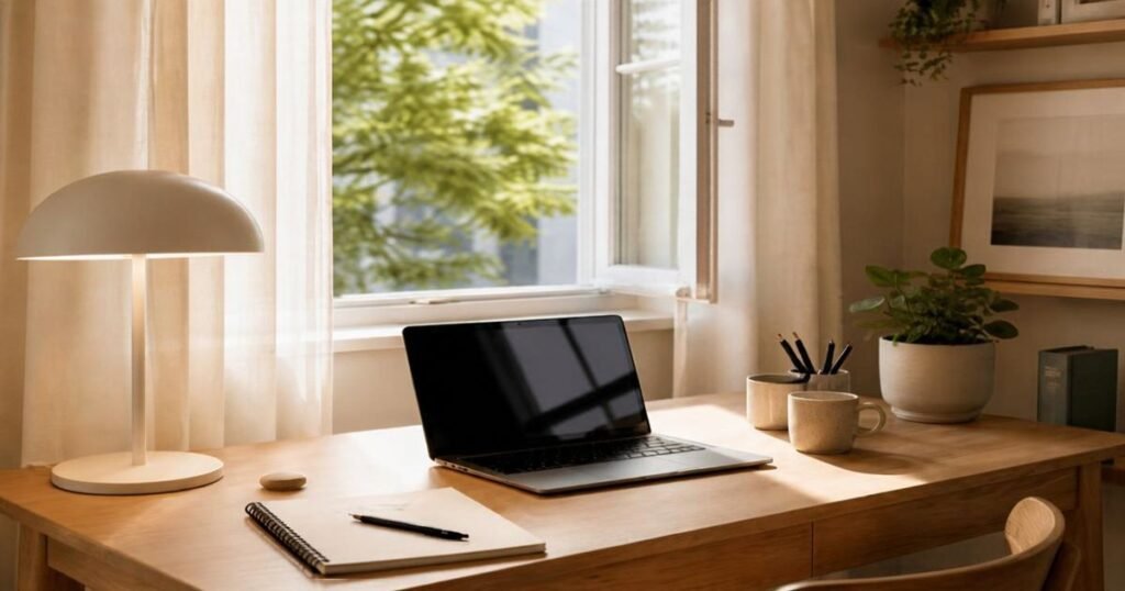 Escritorio de trabajo con portátil y cuaderno: herramientas de inteligencia artificial para pymes